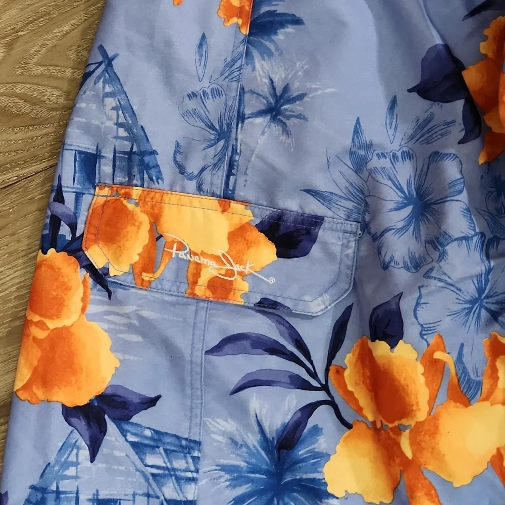 Panama Jack Blue Orange Hawaiian Print Swim Shorts Velcro Close & Pocket XL